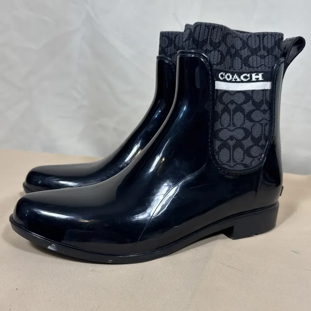 Coach Rivington Ankle Rain Boots, Black, Size 8